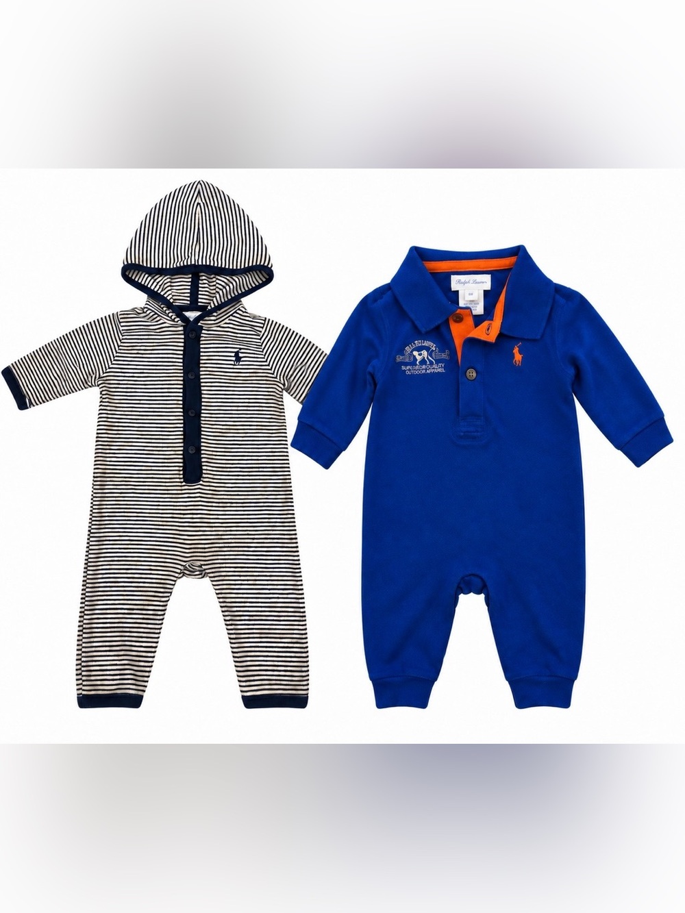 Ralph Lauren Baby 6M Romper Bundle Hoodie Stripe + Blue Polo Coverall